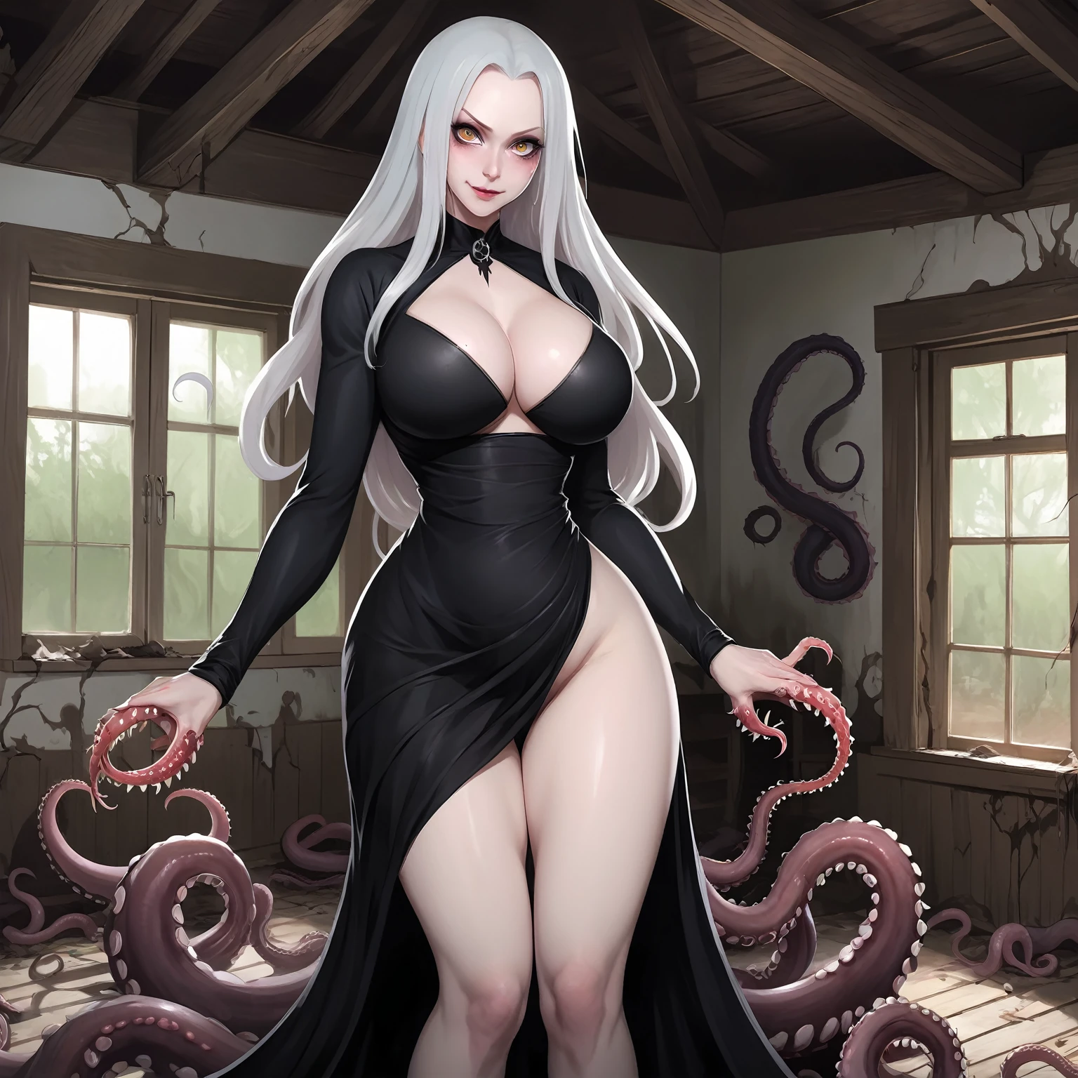1girl, evil look, evil smile, mommy, milf, pale skin, black dress, huge breasts, huge ass, plump, cleavage, monster claws, big claws, eldritch girl, monster, nightmare, scary, wide hips, tentacles, covered with tentacles, tentacle pit, abandoned house, tentacles between breasts