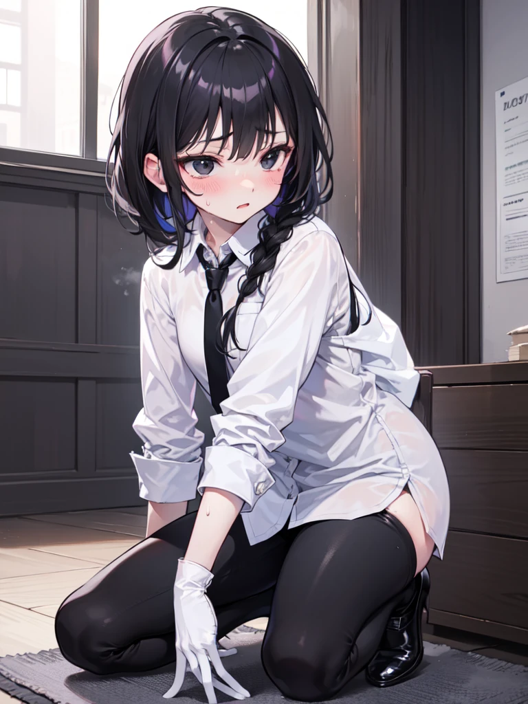 18-year-old Shota,cute,Wear a white long-sleeved shirt and a black work tie,Wear black pants,Wear black booties,Wear white gloves,Black hair,Black eyes,blush,sweat,Fear,uncomfortable,porn,nsfw