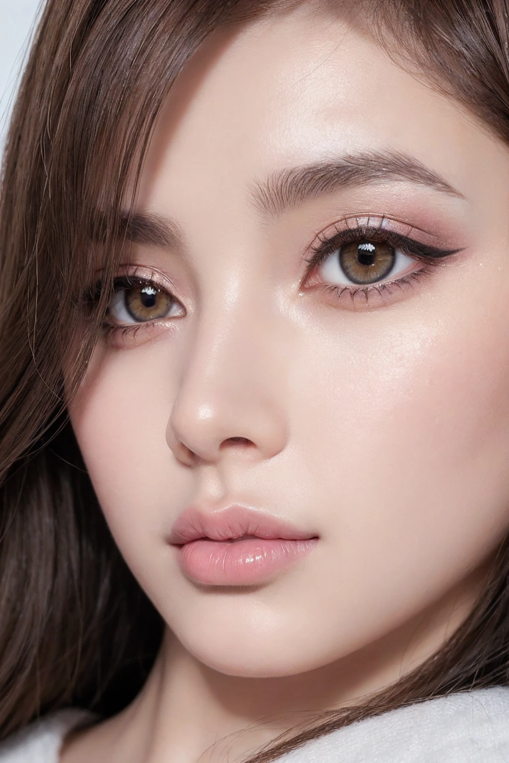 (Ultra high resolution absurd detailed quality), (the most absurdres quality eyes), ((absurd quality natural beautiful cute sharp face), ultra insanel details:1.2), (light pale complexion), ((clear no blur and sharp perfect round realistic brown_eyes:1.25), ultra insanel details:1.15), ((finaly detailed round pupils:1.4)), ((small iris:1.2)), detailed lips:1.3, (long_blue_eyeliner), (pink_lipstick:1.1), ((perfect dark_eyeshadows)), (Detailed nose:1.2), perfect composition, (pale skin), ((dry skin)),