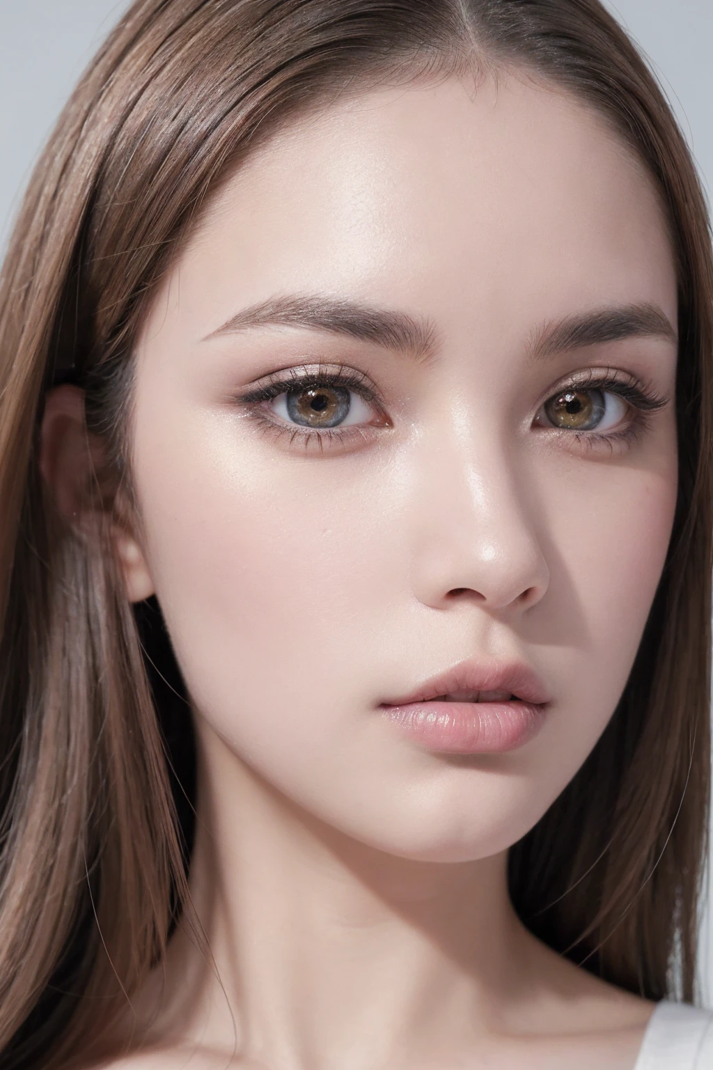 (Ultra high resolution absurd detailed quality), (the most absurdres quality eyes), ((absurd quality natural beautiful cute sharp face), ultra insanel details:1.2), (light pale complexion), ((clear no blur and sharp perfect round realistic brown_eyes:1.25), ultra insanel details:1.15), ((finaly detailed round pupils:1.4)), ((small iris:1.2)), detailed lips:1.3, (long_blue_eyeliner), (pink_lipstick:1.1), ((perfect dark_eyeshadows)), (Detailed nose:1.2), perfect composition, (pale skin), ((dry skin)),