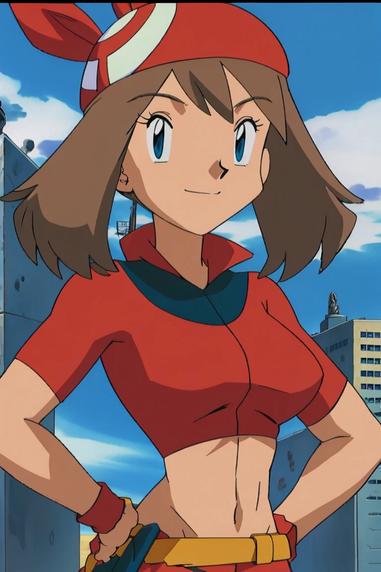 red-haired superwoman posing in front of a city skyline, perfect body, highly detailed giantess shot, sfw large breasts, giantess art, smug smile, midriff