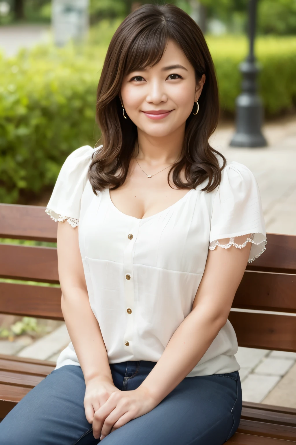 最high quality, In 8K, Masseter region, real, Sharp focus, high quality, High resolution, Detailed face, Fine grain, Thick lips, Background Blur, alone, Full body photography, Middle-aged women, , 65 years old, , Wavy Hair, , Wearing a plain short-sleeved knit, Sitting on a park bench, Wrinkles around the eyes, Smiling with teeth showing