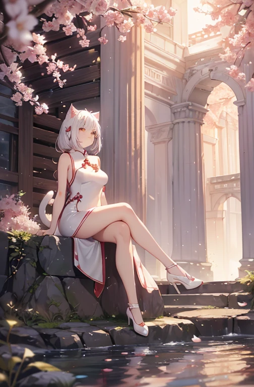 adult japanese catgirl, white cat tail, breathtaking cherry tree forest, falling cherry petal, ((white elegant sleeveless cheongsam mini dress)), smooth and beautiful legs, ((brown eye color)), (medium short length hair flowing in the wind), ((white hair), ((white high heeled pumps shoes)), beautiful nature, Atlantis ruins, small water spring with small waterfall, ((high quality)), extremely detailed, (bokeh), dof, large breasts, sitting in front of a cherry tree, elegant ancient stone structure, (crossed legs), side swept hair bangs, looking up into the far distance, realistic ,(solo), (white cat ears), evening golden sun backlight, (face markings), hair braid, bangs, gentle smile