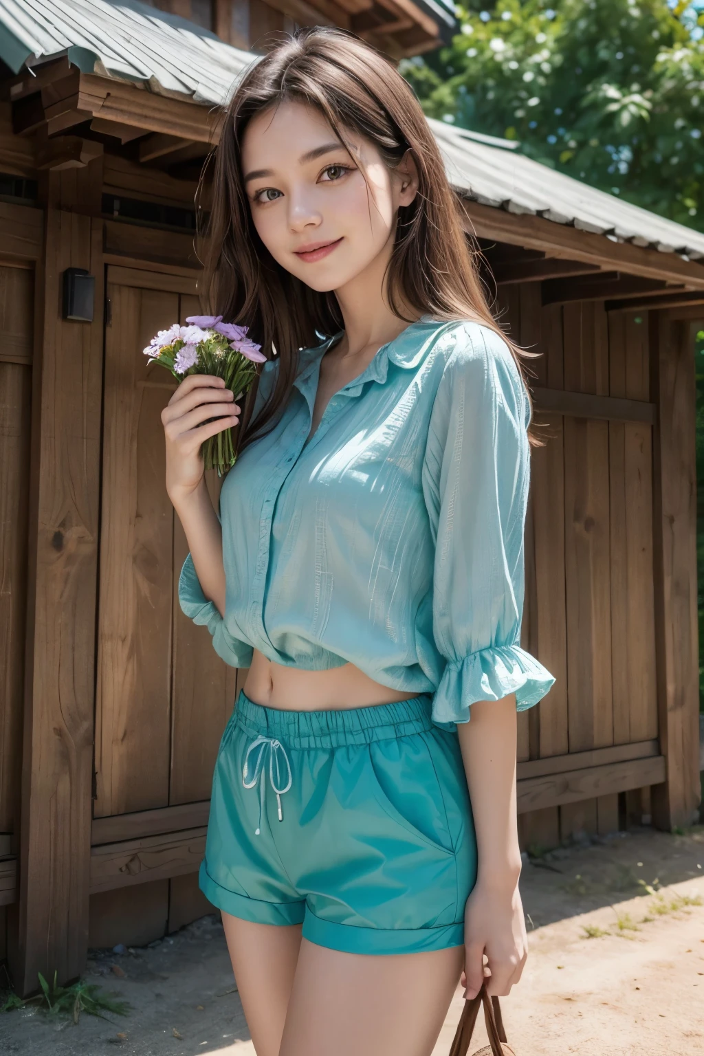 (8K, CRU photo, best qualityer, work of art:1.2), (realisitic, photo-realisitic:1.37),1 girl, com 30 anos, with flowers, in the hands, with dark brown hair , good looking, smiling, friendly, happy, Your outfit consists of a turquoise blouse, e um short/bluish colored shorts, She is in front of a house, of wooden logs in a horizontal direction, uhd, best qualityer