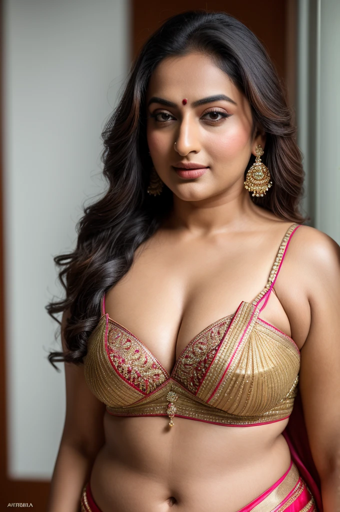 Foto RAW, photorealistic, photography, full body shot, master shot, perfect eyes, goddess like beauty, pierced eyes, perfect thick chubby mallu Desi aunty bhabhi, Wearing a Stanapatta, a chest-band.Saree model, model Photography, Indian saree shoot, Indian traditional wear advertising photography, traditional wear brand shoot, face of Indian actress Sonakshi Sinha, masterpiece, realistic, realism, incredible details,  pleasure, photorealism, detailed skin, skin pores, high contrast, photorealistic Artstation 8k HD digital art trend of high definition and detailed realistic skin texture, ultra detail, realistic skin texture, armature, best quality, ultra high definition, (photorealistic:1.4),, high resolution, detail, raw photo, sweat, Re sharp, by Lee Jefferies Nikon D850 Film Stock Photo 4 Kodak Portra 400 Camera F1.6 Lens Rich Color Ultra Real Realistic Realistic Textures Dramatic Lighting Unreal Engine Trending at Art Station Cinestill 800,(pele altamente detalhada: 1.2), 8k UHD, DSLR, soft-lighting, alta qualidade, grain of film, Fujifilm XT3,she didn't like to wear blouse or bra, she is happy to wear only saree, she hates blouse or bra, detailed hairy armpits, hyper realistic skin, skin pores, sweat, veins, 