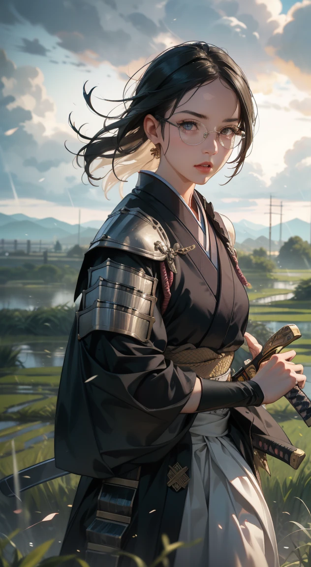 samurai girl, 1 girl, beautiful detailed eyes, beautiful detailed lips, extremely detailed face and eyes, long eyelashes, samurai armor, ((two japanese swords)), rural rice field road, rolling hills, cloudy sky, detailed environment, dramatic lighting, cinematic lighting, dramatic shadows, highly detailed, 8k, photorealistic, hyper detailed, masterpiece, vibrant colors, atmospheric, intricate details,Classic glasses