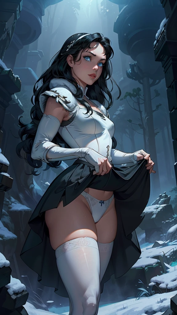 (Best quality,A high resolution,Ultra - detailed,current),snow white, short sniw white dress, white thigh stockings, long black hair, (Ruined dungeon ruins cyberpunk dark forest background :1.4 ), More detailed 8K. unreal engine:1.4,UHD,Best quality:1.4, photorealistic:1.4, skin texture:1.4, masterpiece:1.8,raw-work, best quality,object Object], (detailed face features:1.3),(The correct proportions), (cowboy pose), (snow white:1.4), (snow white V2.1), (perfect anatomy :1.4), (large breasts),(no mutations), (dynamic cowboy pose), (face detailed :1.4), (showing panties),(white stockings and suspenders),(disney snow white dress) (cinematic lighting :1.4), score_9, score_8_up, score_7_up, score_6_up, rating_explicit, 1girl, ((18YO: 1.2)), Adult, full lips, big clear eyes, blue eyes, ((black hair:1)), (long wavy hair: 1.2), (forest background big trees), ( skirt lifted by itself: 1.1), (skirt lift: 1.3), (showing white panties: 1.3),score_9, score_8_up, score_7_up, score_6_up, rating_explicit, 1girl, ((18YO:1.2)), Adult, full lips, big clear eyes, blue eyes, ((black hair:1)), (long wavy hair: 1.2),(face detailed V2.1)