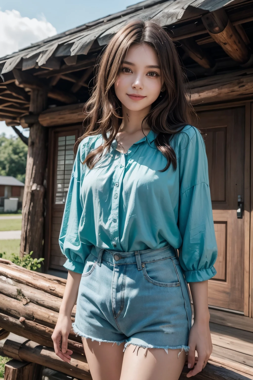 (8K, CRU photo, best qualityer, work of art:1.2), (realisitic, photo-realisitic:1.37),1 girl, com 30 anos, with flowers, in the hands, with dark brown hair , good looking, smiling, friendly, happy, Your outfit consists of a turquoise blouse, e um short/bluish colored shorts, She is in front of a house, of wooden logs in a horizontal direction, uhd, best qualityer 