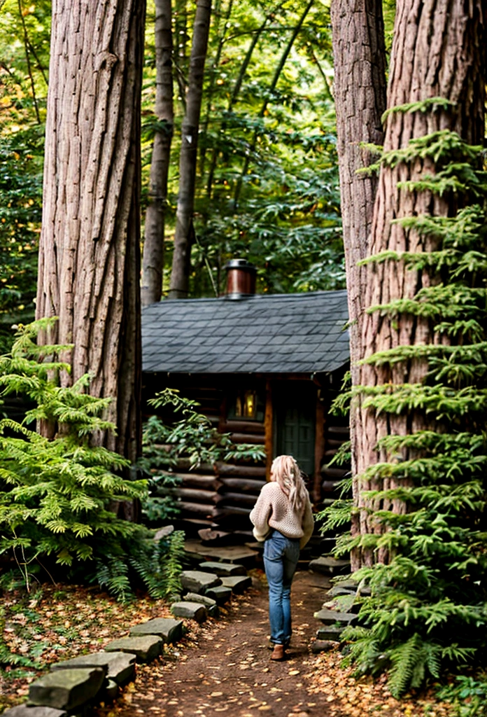 A Young 22 year old white woman with dirty blonde hair, living in a rustic cabin in the woods of Vermont, as she embarks on a journey of self-discovery and exploration.Realistic, with an emphasis on natural beauty and tranquility. The artwork should capture the serene and reflective mood of the subject amidst the lush greenery of Vermont.The dense, verdant forests of Vermont. Tall trees with a mix of green and autumn-colored leaves create a canopy overhead. The forest floor is carpeted with ferns, wildflowers, and a soft layer of fallen leaves. A narrow path winds through the woods, leading to a cozy, rustic cabin nestled among the trees.The young woman, captured in a moment of thoughtful exploration. She is standing or walking along the path, looking around with a sense of wonder and curiosity. A 22-year-old woman with dirty blonde hair, flowing naturally. She has a casual, yet practical outfit suited for exploring the woods—perhaps jeans, a comfortable sweater, and sturdy boots. Her expression is one of contemplation and serene happiness.Soft, natural lighting filters through the trees, casting dappled shadows on the ground. The sunlight creates a warm, golden glow that highlights the natural beauty of the setting and adds a magical quality to the scene.In the background, subtle details like birds perched on branches, a deer peeking through the trees, or a stream flowing nearby add to the richness and tranquility of the scene.The artwork should convey a sense of peace, introspection, and the simple joys of being in nature. The woman’s journey is both physical and metaphorical, representing new beginnings and personal growth.The atmosphere is calm and inviting, encouraging the viewer to pause and appreciate the beauty and serenity of the natural world.The woman is the focal point, placed slightly off-center to allow the viewer's eye to explore the surrounding details of the forest.The perspective is slightly elevated, giving a sense of the vastness of the woods.