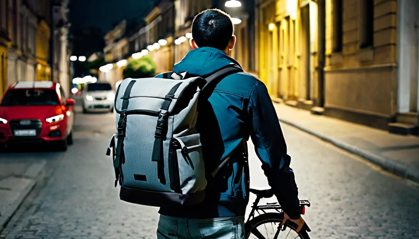 delivery man, backpack on his back, next to his bike, backpack on his back, street, dark night