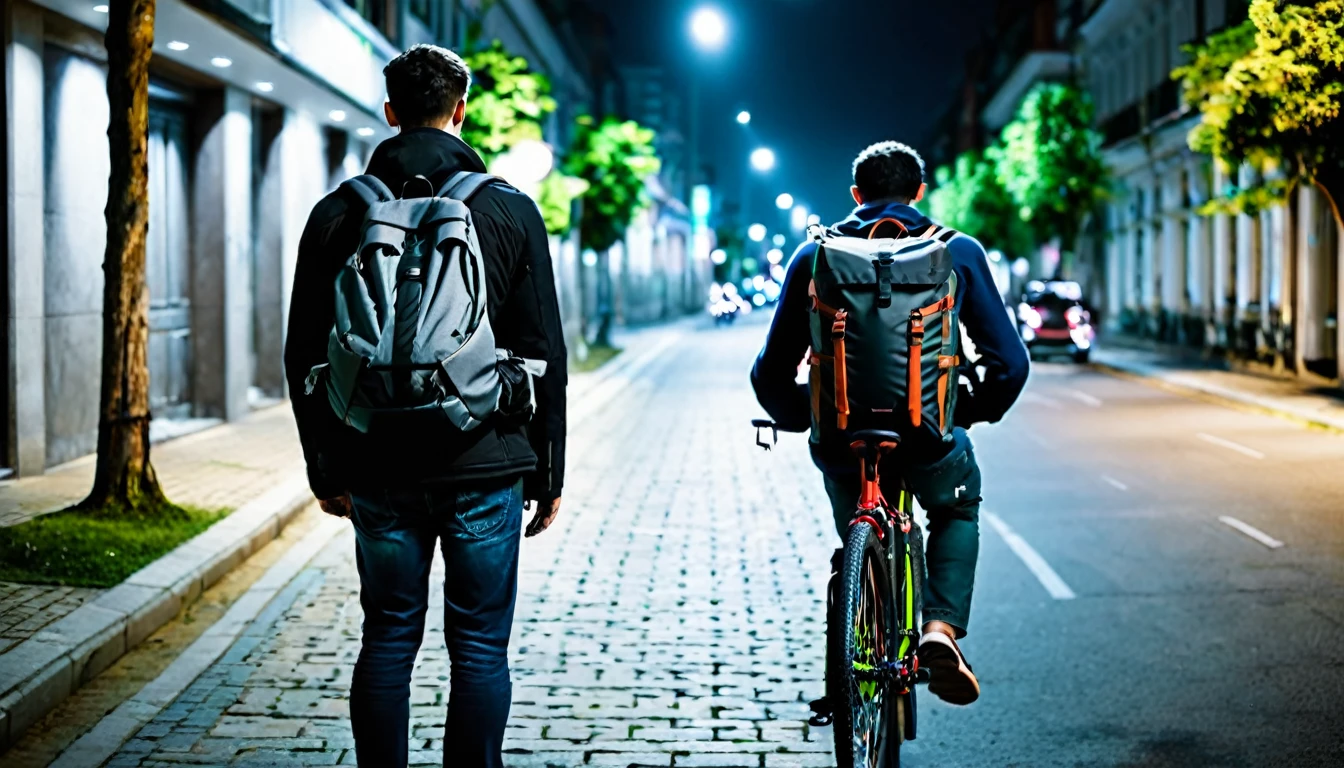 delivery man, backpack on his back, next to his bike, backpack on his back, street, dark night
