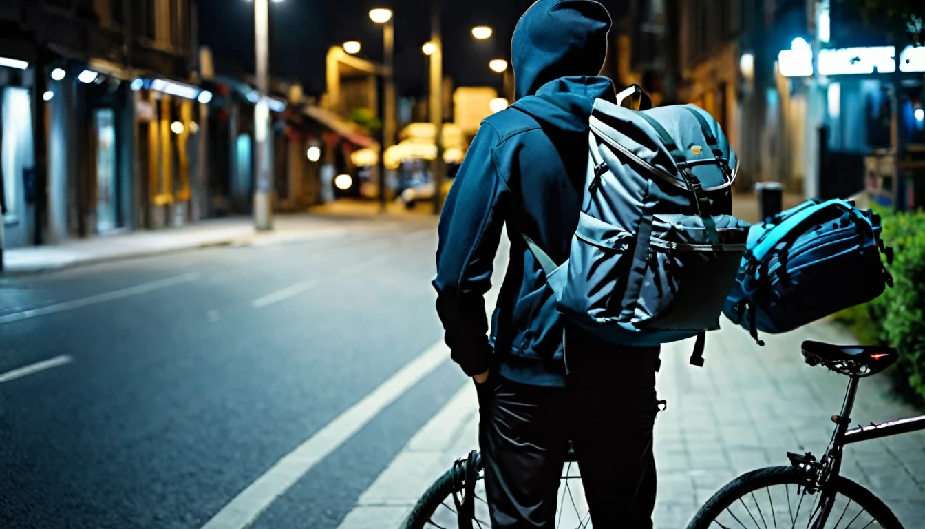 delivery man, backpack on his back, next to his bike, backpack on his back, street, dark night