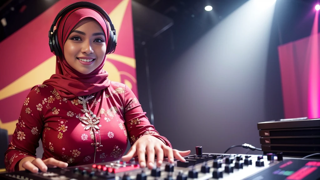 (Close up),RAW, Best quality, high resolution, masterpiece: 1.3), Beautiful Malay woman in hijab,Karya, fit body, big breast,sthick thighs,big beautiful eyes, Soft smile, beautiful face, muslim close up of a woman in a red dress Wearing silver DJ headphones, Smile while DJing on stage, full body shot of, The spotlight shines on the female DJ, perfect fingers, five fingers, beautiful hands, perfect hands. master peace, cute smile, wearing a long flowery dress, wearing pink floral gown, red floral dress,, flowery dress, full covered dress , very beautiful enga style  , Great lighting, Bright colors, Clean lines