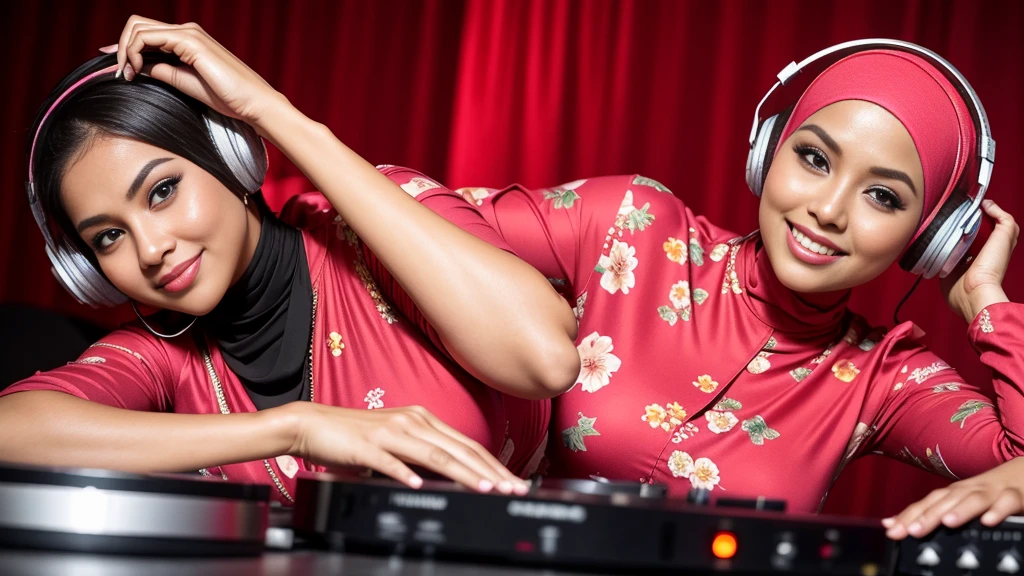(Close up),RAW, Best quality, high resolution, masterpiece: 1.3), Beautiful Malay woman in hijab,Karya, fit body, big ,sthick thighs,big beautiful eyes, Soft smile, beautiful face, muslim close up of a woman in a red dress Wearing silver DJ headphones, Smile while DJing on stage, full body shot of, The spotlight shines on the female DJ, perfect fingers, five fingers, beautiful hands, perfect hands. master peace, cute smile, wearing a long flowery dress, wearing pink floral gown, red floral dress,, flowery dress, full covered dress , very beautiful enga style  , Great lighting, Bright colors, Clean lines