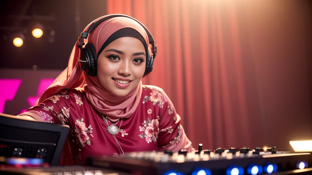 (Close up),RAW, Best quality, high resolution, masterpiece: 1.3), Beautiful Malay woman in hijab,Karya, fit body, big breast,sthick thighs,big beautiful eyes, Soft smile, beautiful face, muslim close up of a woman in a red dress Wearing silver DJ headphones, Smile while DJing on stage, full body shot of, The spotlight shines on the female DJ, perfect fingers, five fingers, beautiful hands, perfect hands. master peace, cute smile, wearing a long flowery dress, wearing pink floral gown, red floral dress,, flowery dress, full covered dress , very beautiful enga style , Great lighting, Bright colors, Clean lines