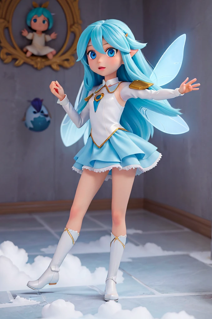 a human girl with long blonde hair and light blue eyes is holding a speech, she has the speaking pose, and next to her there is a fairy with blue hair and transparent wings, they are walking on the clouds