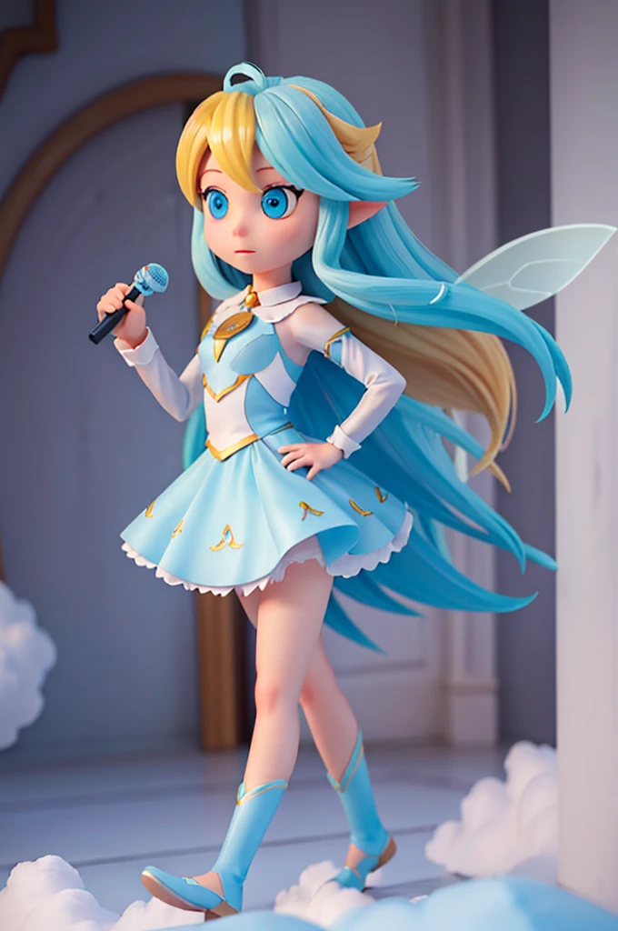 a human girl with long blonde hair and light blue eyes is holding a speech, she has the speaking pose, and next to her there is a fairy with blue hair and transparent wings, they are walking on the clouds