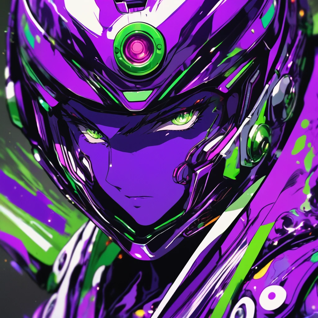 a detailed close-up captures a striking anime character, clad in a purple and green suit. the suit's helmet, a striking purple, is adorned with a green stripe running down its center. the character's arms, painted in a vibrant green, are adorned with a series of circular buttons. the background, a rich red, is punctuated by a series of black shapes, adding depth to the composition.