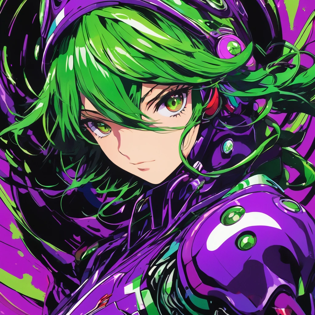 a detailed close-up captures a striking anime character, clad in a purple and green suit. the suit's helmet, a striking purple, is adorned with a green stripe running down its center. the character's arms, painted in a vibrant green, are adorned with a series of circular buttons. the background, a rich red, is punctuated by a series of black shapes, adding depth to the composition.