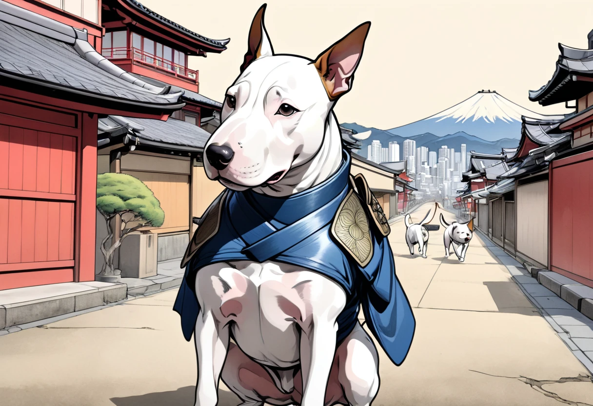 arte em tinta fina, comic style, portrait of japan, samurai dog bull terrier, samurai dog looking for the left, Glamour de Osaka, bela arte de linha, comic style, manga style, manga art style, pencil and ink caricature drawing, coloring, , other positions, corpo inteiro. Japan Background, bull terrier ninja, desenho colorido. Old japan sity in background