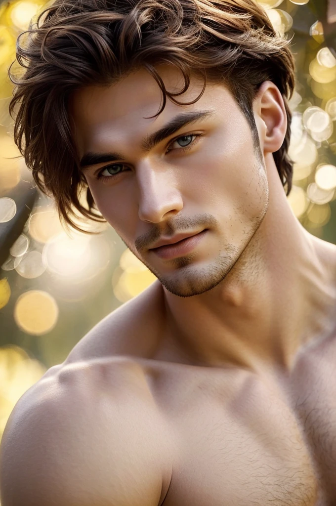 There you have him, a vision of arresting beauty. His hair, the color of a perfectly ripe apple, cascades down his shoulders like a flowing river, catching the sunlight with a fiery glow. His eyes, sharp and intelligent, hold the depth of an autumn forest, their pupils reflecting the vibrant hues of falling leaves. A delicate pink, like the first blush of a tulip in spring, paints his lips, hinting at a smile that could melt glaciers. And his skin, smooth and flawless as a pearl, is as pale as moonlight, a perfect canvas for the vibrant colors that surround it. This man is not just handsome, he's breathtaking, a captivating blend of masculine features and delicate beauty.