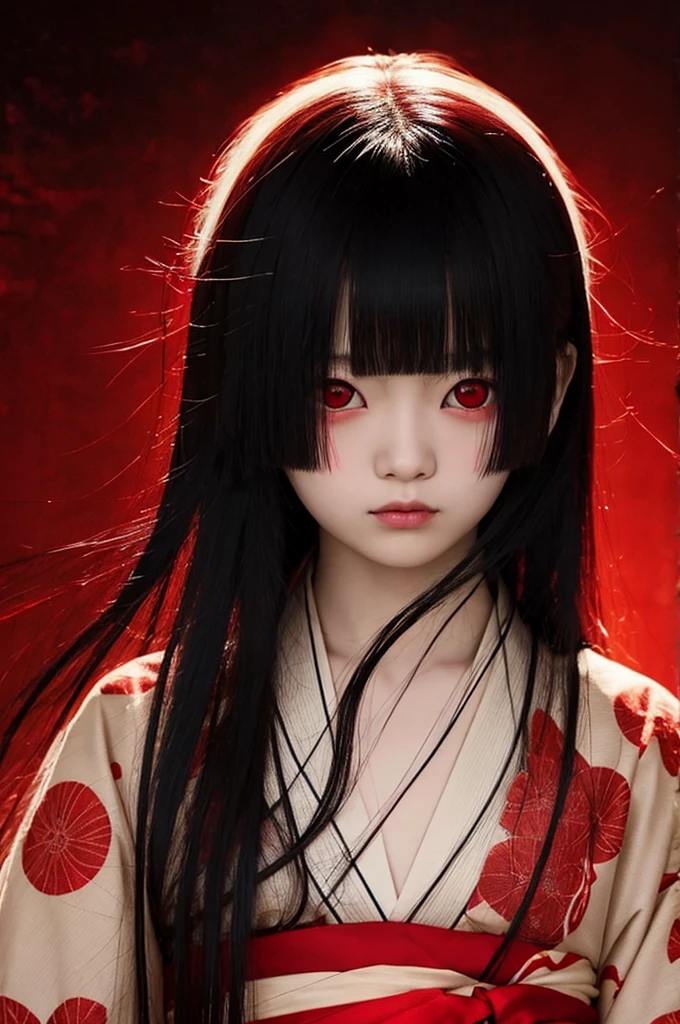 Highest quality、Masterpiece、Highest detail、Japanese Yokai、A lone hell girl floating in the darkness、Bob-haired beautiful girl、Vermilion eyeliner、A simple thin kimono with a red ruffled chest、Glare、Feeling fear、Red moon background、Multiple exposure dense fog