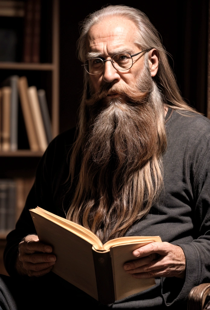 a 60 year old man with a long beard, full body, reading an old famous book, Well detailed face, full body, chiaroscuro lighting, warm tones, photorealistic, 8k, masterpiece
