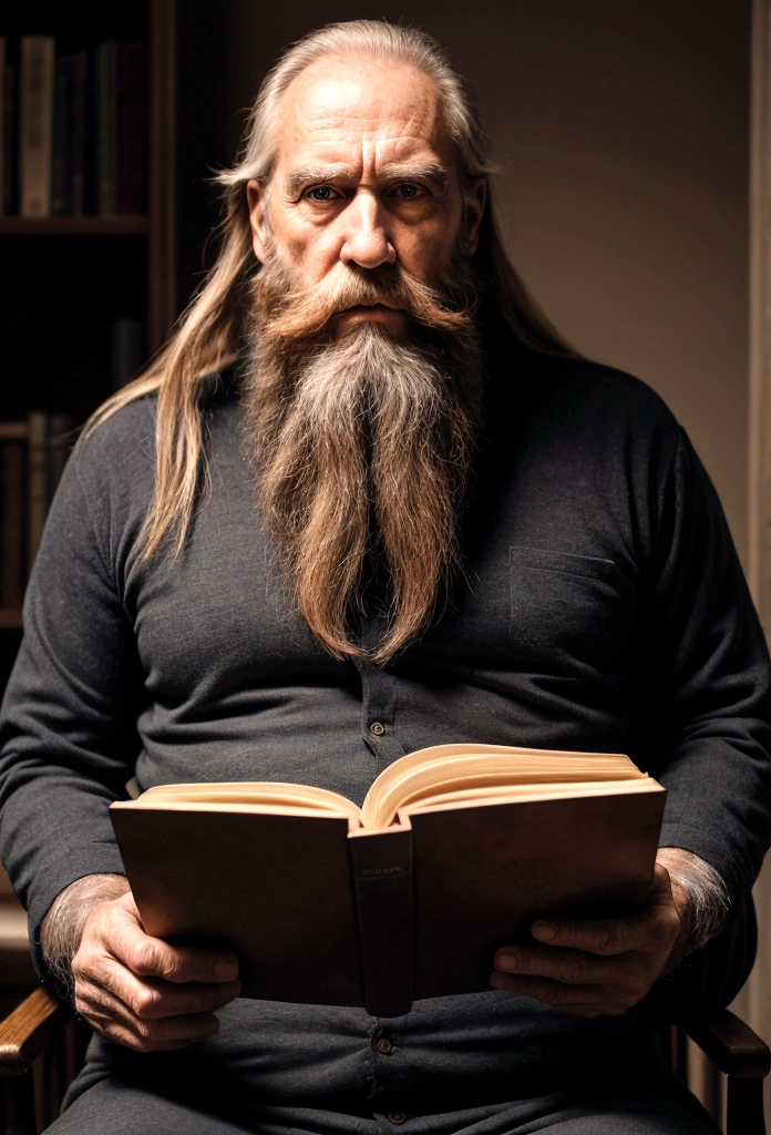 a 60 year old man with a long beard, full body, reading an old famous book, Well detailed face, full body, chiaroscuro lighting, warm tones, photorealistic, 8k, masterpiece
