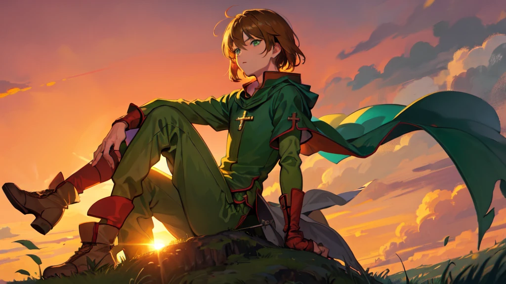 A boy，Solitary，Green clothes，There is a cape，Medieval Boy Boots, contour, Backlight, Sit cross-legged, grassland, outdoor, twilight, Sunset, Red_Sky