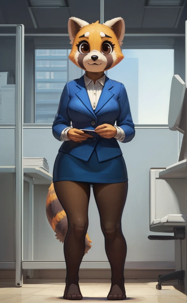 [retsuko], [aggretsuko], [Uploaded to e621.net; (Pixelsketcher), (wamudraws)], ((masterpiece)), ((HD)), ((solo portrait)), ((front view)), ((feet visible)), ((furry; anthro)), ((detailed fur)), ((detailed shading)), ((beautiful render art)), ((intricate details)), {anthro; orange fur, black nose, small brown eyebrows, cute brown eyes, (short eyelashes), raccoon tail, (gorgeous hips), (beautiful legs), (beautiful feet)}, {(office woman), (bra), (panties), (opaque pantyhose),  {(standing), (looking at viewer)}, [background; (cubicles), (white walls), (window), (blue sky), (sun rays)]