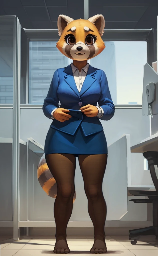 [retsuko], [aggretsuko], [Uploaded to e621.net; (Pixelsketcher), (wamudraws)], ((masterpiece)), ((HD)), ((solo portrait)), ((front view)), ((feet visible)), ((furry; anthro)), ((detailed fur)), ((detailed shading)), ((beautiful render art)), ((intricate details)), {anthro; orange fur, black nose, small brown eyebrows, cute brown eyes, (short eyelashes), raccoon tail, (gorgeous hips), (beautiful legs), (beautiful feet)}, {(office woman), (bra), (panties), (opaque pantyhose),  {(standing), (looking at viewer)}, [background; (cubicles), (white walls), (window), (blue sky), (sun rays)]