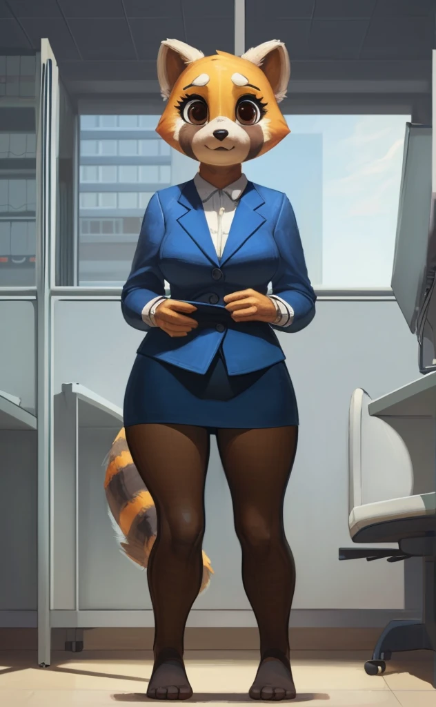 [retsuko], [aggretsuko], [Uploaded to e621.net; (Pixelsketcher), (wamudraws)], ((masterpiece)), ((HD)), ((solo portrait)), ((front view)), ((feet visible)), ((furry; anthro)), ((detailed fur)), ((detailed shading)), ((beautiful render art)), ((intricate details)), {anthro; orange fur, black nose, small brown eyebrows, cute brown eyes, (short eyelashes), raccoon tail, (gorgeous hips), (beautiful legs), (beautiful feet)}, {(office woman), (bra), (panties), (opaque pantyhose),  {(standing), (looking at viewer)}, [background; (cubicles), (white walls), (window), (blue sky), (sun rays)]