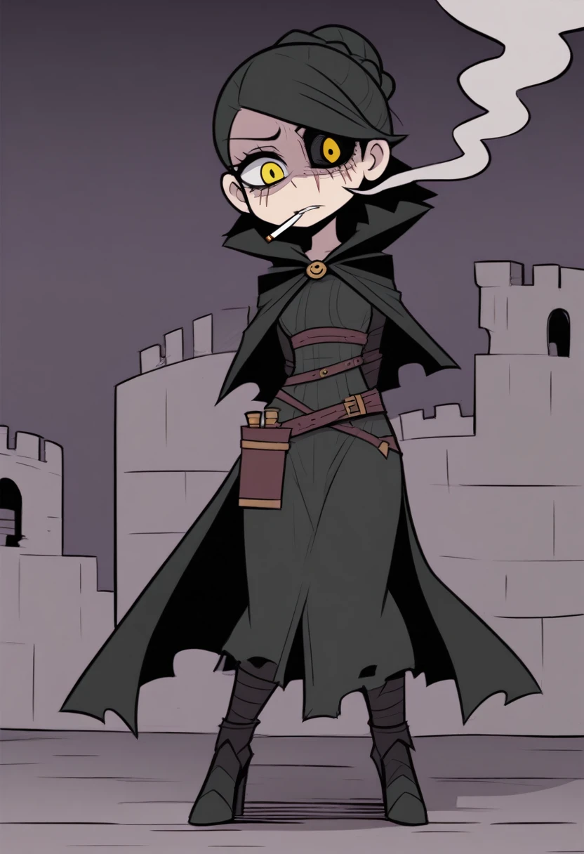 {{full body}} {{Artist: vanripper)}} 1woman, young woman, french braid, black hair, golden eyes, sunken eyes, looking tired, scar over left eye, armored, black cloak, cape, black cape, looking down at viewer, smoking, dagger at hip, dagger, hands folded behind back, hands behind back, castle background, dark fantasy, cigarette in mouth, smoke from cigarette