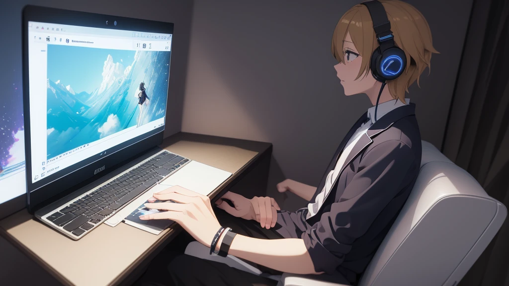 garçon animé with headphones working on a laptop computer, un dessin animé de Yuumei, Gagnant du concours Pixiv, le réalisme, style animé 4K, illustration numérique d&#39;anime, oeuvre d&#39;art dans le style de guweiz, art animé numérique, style artistique anime de haute qualité, jeune homme animé, garçon animé, Fond d&#39;écran animé 4k, noyau nocturne, style artistique lofi