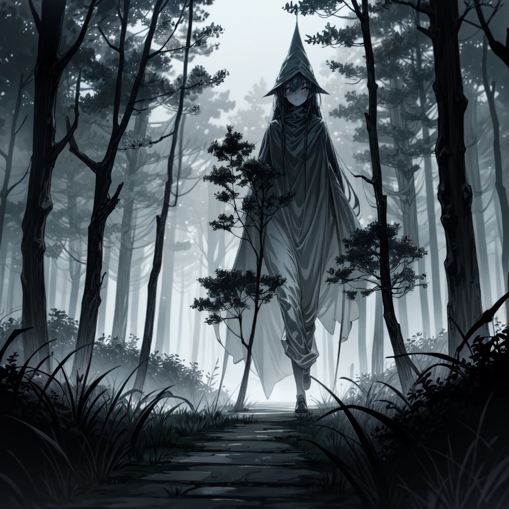 (walk late at night), (through the haunted forest), (with a menacing ghostly figure in the distance), very detailed, high quality, A high resolution, masterpiece, Best quality, 8 k, difficult, detailed