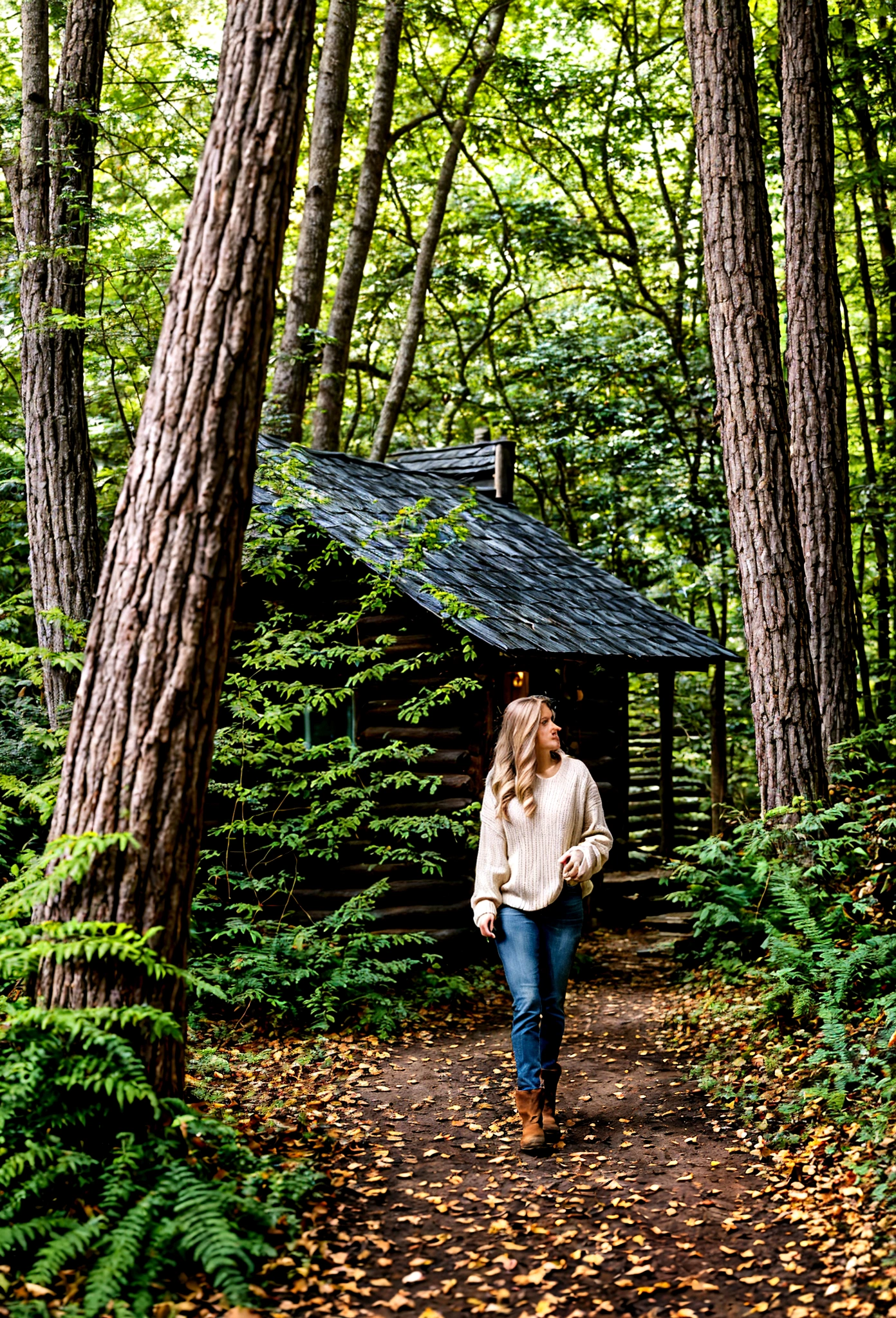 A Young 22 year old white woman with dirty blonde hair, living in a rustic cabin in the woods of Vermont, as she embarks on a journey of self-discovery and exploration.Realistic, with an emphasis on natural beauty and tranquility. The artwork should capture the serene and reflective mood of the subject amidst the lush greenery of Vermont.The dense, verdant forests of Vermont. Tall trees with a mix of green and autumn-colored leaves create a canopy overhead. The forest floor is carpeted with ferns, wildflowers, and a soft layer of fallen leaves. A narrow path winds through the woods, leading to a cozy, rustic cabin nestled among the trees.The young woman, captured in a moment of thoughtful exploration. She is standing or walking along the path, looking around with a sense of wonder and curiosity. A 22-year-old woman with dirty blonde hair, flowing naturally. She has a casual, yet practical outfit suited for exploring the woods—perhaps jeans, a comfortable sweater, and sturdy boots. Her expression is one of contemplation and serene happiness.Soft, natural lighting filters through the trees, casting dappled shadows on the ground. The sunlight creates a warm, golden glow that highlights the natural beauty of the setting and adds a magical quality to the scene.In the background, subtle details like birds perched on branches, a deer peeking through the trees, or a stream flowing nearby add to the richness and tranquility of the scene.The artwork should convey a sense of peace, introspection, and the simple joys of being in nature. The woman’s journey is both physical and metaphorical, representing new beginnings and personal growth.The atmosphere is calm and inviting, encouraging the viewer to pause and appreciate the beauty and serenity of the natural world.The woman is the focal point, placed slightly off-center to allow the viewer's eye to explore the surrounding details of the forest.The perspective is slightly elevated, giving a sense of the vastness of the woods.