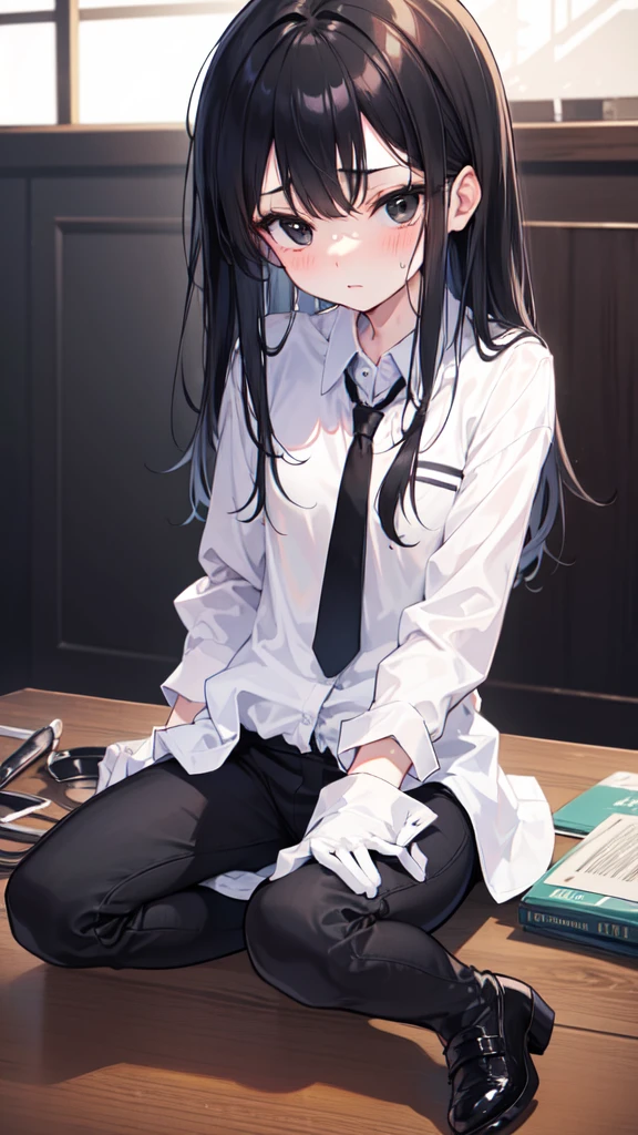 18-year-old Shota，cute，Wear a white long-sleeved shirt and a black work tie，Wear black pants，Wear black booties，Wear white gloves，Black hair，Black eyes，blush，sweat，Fear，uncomfortable，porn