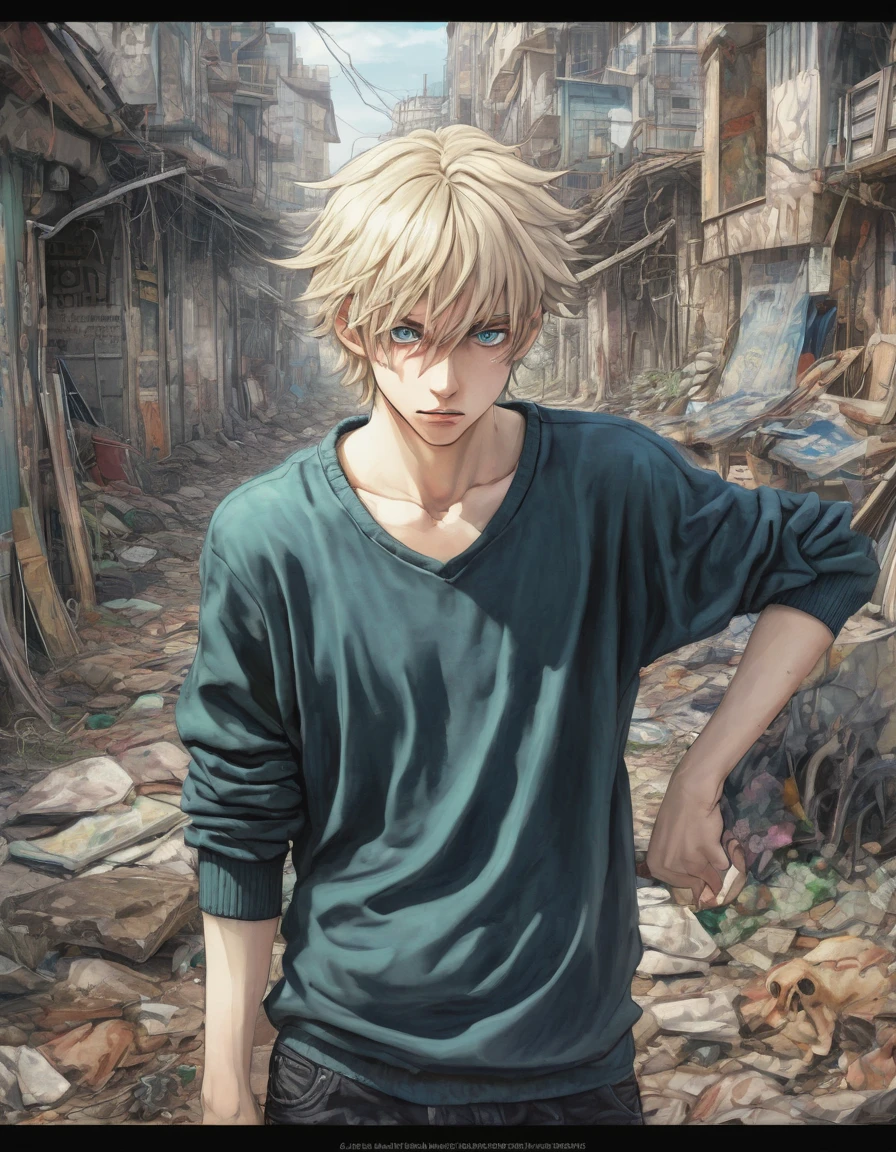 High dynamic range HDR photography of Anime style. Setting: post-apocalyptic settlement: A stunningly ethereal and delicate 18-year-old male is depicted in a full-body shot. His short wavy blond hair cascades around him, framing his exquisite features. Striking blue/green heterochromia eyes. He wears a black long-sleeved wool sweater (camisa de lã preta manga longa) that's too big for him, adding to his otherworldly charm. A delicate silver chain (corrente de prata) adorns his neck. This mesmerizing image, possibly a painting, is rich in detail and radiates a sense of dystopian beauty. Every element, from the man's delicate and soft features to the elaborate design of his shirt, is rendered with impeccable artistry, drawing viewers into a realm of loss and wonder., anime, Realism, anatomically correct, super detail, 4K, photography.