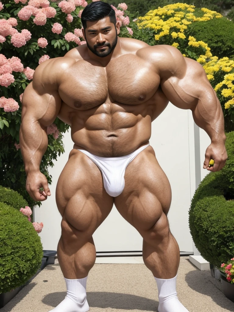 There is only one handsome Asian actor in the picture,35 years old,Tall and handsome, Toned body,short hair, O-Shaped Beard,Perfect body, Dark skin,Glowing skin,Smooth skin,The body is hairless,Muscle bulge, Muscular, Very large pectoral muscles,Very sexy abdominal muscles,Very well-developed leg muscles,Huge concave and convex area,Brightens oily skin,Wearing a gold leather shiny thong,Handsome face, Correct and accurate male body proportions, Wear white socks,Stand among the flowers。