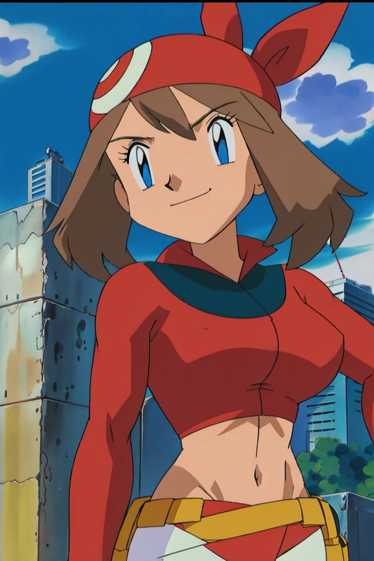red-haired superwoman posing in front of a city skyline, perfect body, highly detailed giantess shot, sfw large breasts, giantess art, smug smile, midriff
