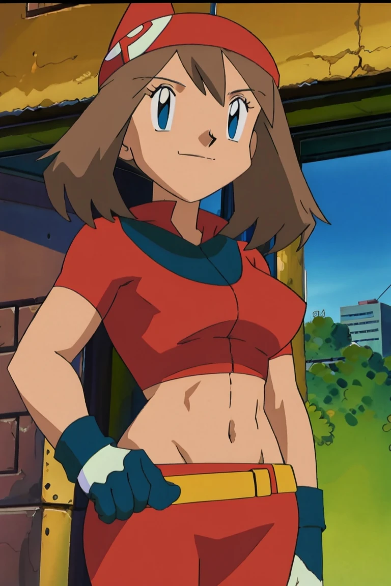 red-haired superwoman posing in front of a city skyline, perfect body, highly detailed giantess shot, sfw ?????????????, giantess art, smug smile, midriff