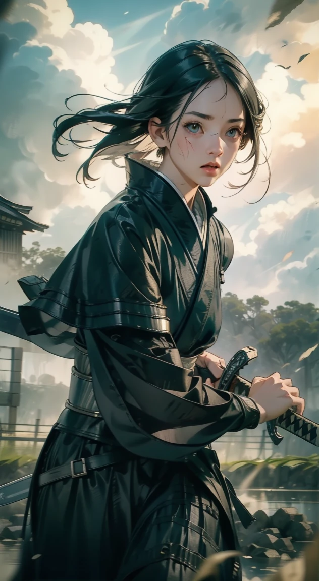 samurai girl, 1 girl, beautiful detailed eyes, beautiful detailed lips, extremely detailed face and eyes, long eyelashes, samurai armor, ((japanese swords)), rural rice field road, rolling hills, cloudy sky, detailed environment, dramatic lighting, cinematic lighting, dramatic shadows, highly detailed, 8K, photorealistic, hyper detailed, masterpiece, vibrant colors, atmospheric, intricate details,Photograph the whole body、A face dirty with mud、Sekigahara