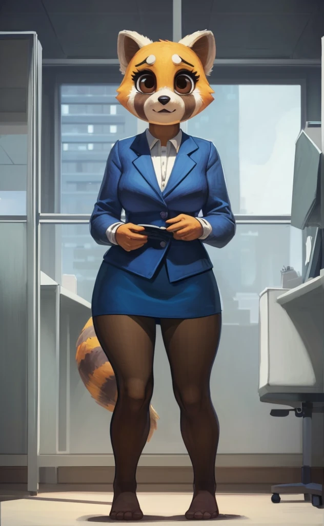 [retsuko], [aggretsuko], [Uploaded to e621.net; (Pixelsketcher), (wamudraws)], ((masterpiece)), ((HD)), ((solo portrait)), ((front view)), ((feet visible)), ((furry; anthro)), ((detailed fur)), ((detailed shading)), ((beautiful render art)), ((intricate details)), {anthro; orange fur, black nose, small brown eyebrows, cute brown eyes, (short eyelashes), raccoon tail, (gorgeous hips), (beautiful legs), (beautiful feet)}, {(office woman), (bra), (panties), (opaque pantyhose),  {(standing), (looking at viewer)}, [background; (cubicles), (white walls), (window), (blue sky), (sun rays)]