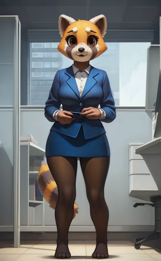 [retsuko], [aggretsuko], [Uploaded to e621.net; (Pixelsketcher), (wamudraws)], ((masterpiece)), ((HD)), ((solo portrait)), ((front view)), ((feet visible)), ((furry; anthro)), ((detailed fur)), ((detailed shading)), ((beautiful render art)), ((intricate details)), {anthro; orange fur, black nose, small brown eyebrows, cute brown eyes, (short eyelashes), raccoon tail, (gorgeous hips), (beautiful legs), (beautiful feet)}, {(office woman), (bra), (panties), (opaque pantyhose),  {(standing), (looking at viewer)}, [background; (cubicles), (white walls), (window), (blue sky), (sun rays)]