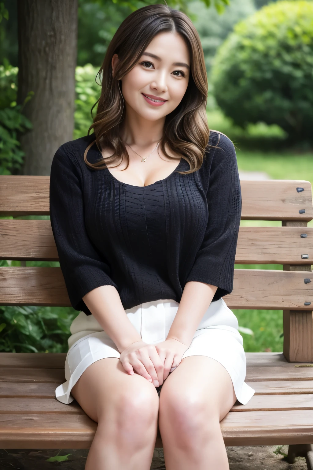 最high quality, In 8K, Masseter region, real, Sharp focus, high quality, High resolution, Detailed face, Fine grain, Thick lips, Background Blur, alone, Full body photography, Middle-aged women, , 65 years old, , Wavy Hair, Cleavage, Wearing a plain short-sleeved knit, Sitting on a park bench, Wrinkles around the eyes, Smiling with teeth showing