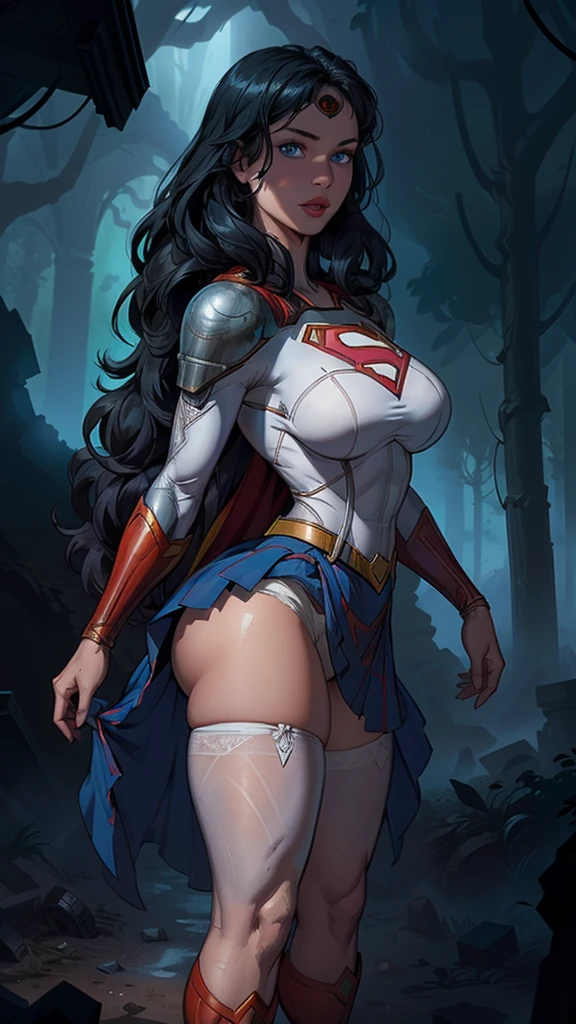 (Best quality,A high resolution,Ultra - detailed,current),supergirl, short supergirl dress, white thigh stockings, long black hair, (Ruined dungeon ruins cyberpunk dark forest background :1.4 ), More detailed 8K. unreal engine:1.4,UHD,Best quality:1.4, photorealistic:1.4, skin texture:1.4, masterpiece:1.8,raw-work, best quality,object Object], (detailed face features:1.3),(The correct proportions), (cowboy pose), (supergirl:1.4), (supergirl V2.1), (perfect anatomy :1.4), (large breasts),(no mutations), (dynamic cowboy pose), (face detailed :1.4), (showing panties),(white stockings and suspenders),(wonderwoman dress) (cinematic lighting :1.4), score_9, score_8_up, score_7_up, score_6_up, rating_explicit, 1girl, ((18YO: 1.2)), Adult, full lips, big clear eyes, blue eyes, ((black hair:1)), (long wavy hair: 1.2), (forest background big trees), ( skirt lifted by itself: 1.1), (skirt lift: 1.3), (showing white panties: 1.3),score_9, score_8_up, score_7_up, score_6_up, rating_explicit, 1girl, ((18YO:1.2)), Adult, full lips, big clear eyes, blue eyes, ((black hair:1)), (long wavy hair: 1.2),(face detailed V2.1)