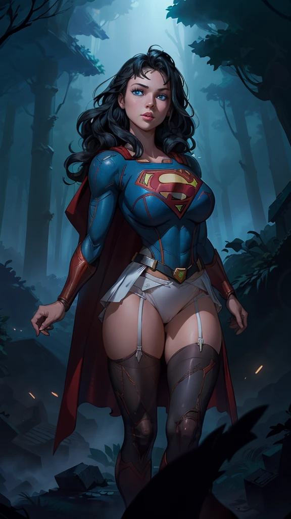 (Best quality,A high resolution,Ultra - detailed,current),supergirl, short supergirl dress, white thigh stockings, long black hair, (Ruined dungeon ruins cyberpunk dark forest background :1.4 ), More detailed 8K. unreal engine:1.4,UHD,Best quality:1.4, photorealistic:1.4, skin texture:1.4, masterpiece:aw-work, best quality,object Object], (detailed face features:1.3),(The correct proportions), (cowboy pose), (supergirl:1.4), (supergirl V2.1), (perfect  :1.4), (large ),(no mutations), (dynamic cowboy pose), (face detailed :1.4), (showing ),(white stockings and suspenders),(wonderwoman dress) (cinematic lighting :1.4), score_9, score_8_up, score_7_up, score_6_up, rating_, 1girl, ((18YO: 1.2)), Adult, full lips, big clear eyes, blue eyes, ((black hair:1)), (long wavy hair: 1.2), (forest background big trees), ( skirt lifted by itself: 1.1), (skirt lift: 1.3), (showing white : 1.3),score_9, score_8_up, score_7_up, score_6_up, rating_, 1girl, ((18YO:1.2)), Adult, full lips, big clear eyes, blue eyes, ((black hair:1)), (long wavy hair: 1.2),(face detailed V2.1)