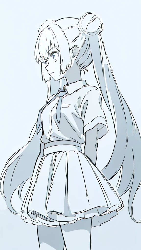 1girl,20 years old,solo,long hair,white hair,finana,twintails,double bun,((white shirt,short sleeves,standart tie,skirt)),,(white background,sketch),Mid-ground character