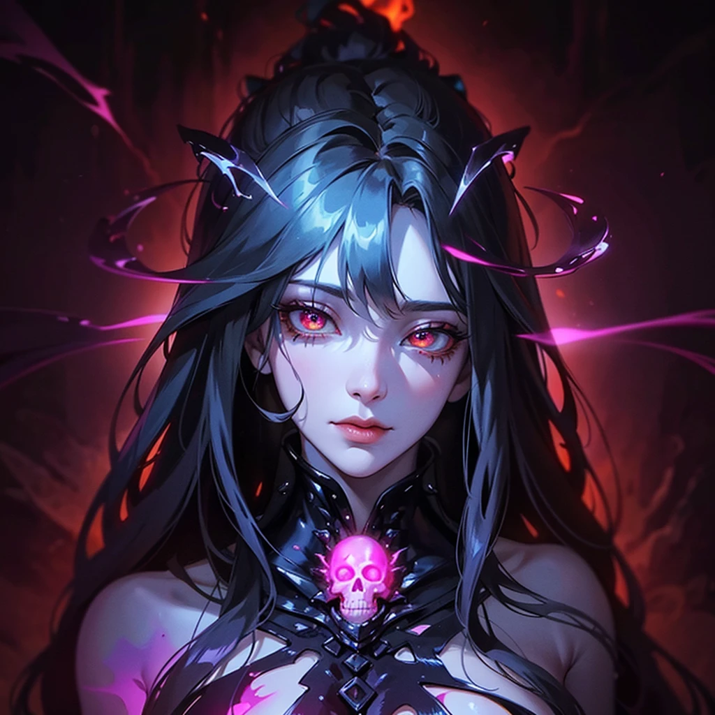 Woman body (high breast, ice skull:1.1), A girl with a body made of lava, featuring a Dracula Orchid pattern. (ultra-detailed), (realistic), vibrant colors, intense lighting, lava-like texture, hauntingly beautiful composition, surreal atmosphere, contrasting dark shadows, mesmerizing glow, detailed facial, flowing lava tendrils, fiery eyes, ethereal presence, floral patterns,
