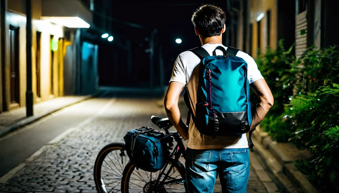 delivery man, backpack on his back, next to his bike, backpack on his back, dark street, dark night